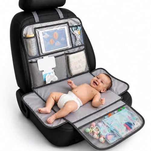 Baby Diaper Changing Station for Car & Backseat Organizer - Large Portable Baby Changing Pad for Travel with 4 Pockets, Clear Tablet Viewer, Waterproof Mat, Newborn Road Trip Essentials