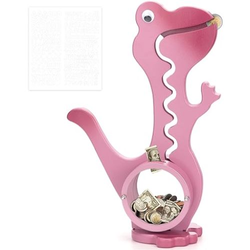 Wooden Dinosaur Piggy Bank for Boys Kids Girls Big Clear Animal Belly Coin Bank Toddler Real Money Toy(Dino-Pink)