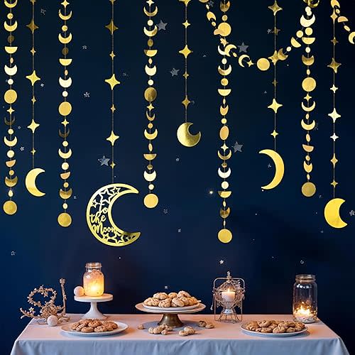 Cheerland Gold Star Moon Garland Two The Moon Birthday Party Decorations Celestial Hanging Crescent Twinkle Little Star Graduation Starry Decor Kids First Birthday Ramadan EID Mubarak Party Supplies