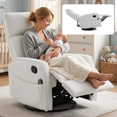 HRVEOCEI Small Recliners for Small Spaces, Manual White Recliner Rocking Chair for Nursery, Velvet Swivel Glider Recliner with Heat and Massage, Side Pockets, Living Room Bedroom (Light Grey)