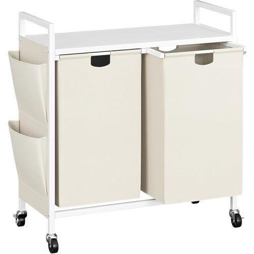 WOWLIVE Double Laundry Hamper with Lid,Rolling Laundry Basket Organizer with Wheels, Iron-Made Laundry Sorter with Top Shelf and 2 Removable Bags,Large Clothes Storage for Room,White