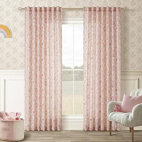 Pink Linen Floral Curtains 84 Inches Long 2 Panel Set for Living Room Semi Sheer Light Filtering Printed Spring Curtains Blush Pink Flower Pattern Drapes for Cute Girls Bedroom Nursery Farmhouse Boho