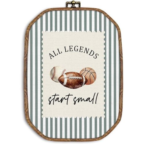 ZIKZAUDOU Vintage Sports Nursery Octagon Wall Art Framed, Football Baseball Basketball Canvas Prints Wall Decor, All Legends Start Small Hanging Decor for Kids Boys Room Nursery Playroom, 10.2x7 Inch