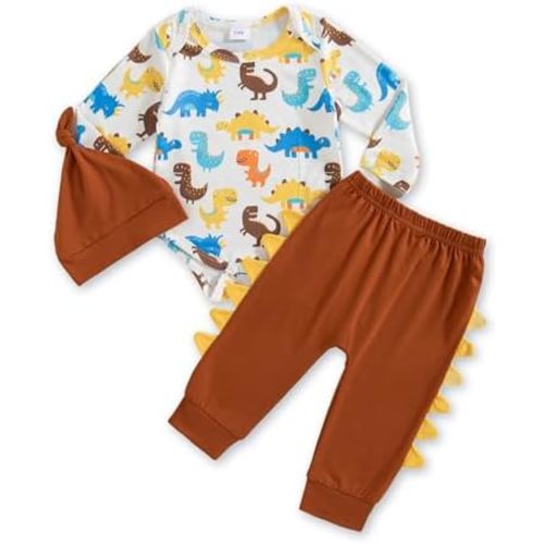NZRVAWS Baby Boy Clothes Outfits Long Sleeves Infant Romper Fall Winter Print Pant Set Hat 3Pcs 3 6 12 18M
