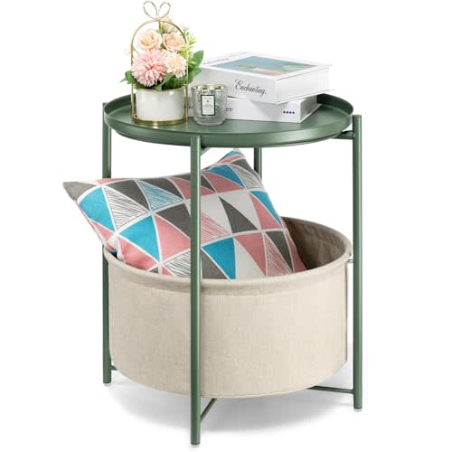 danpinera Round Side Table with Fabric Storage Basket, Metal Side Table Small Bedside Nightstand with Removable Tray for Living Room, Bedroom, Nursery, Dark Green