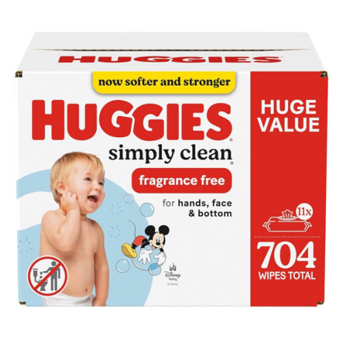 Huggies Simply Clean Unscented Baby Diaper Wipes, 11 Flip-Top Packs (704 Wipes Total), Packaging May Vary