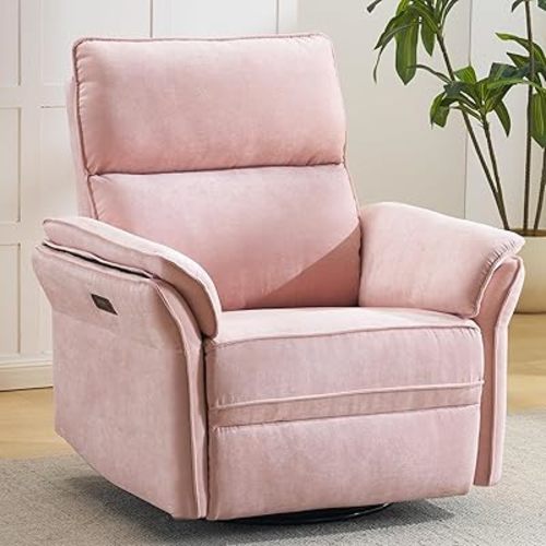 Oversized Power Recliner Chair Swivel Glider with Massage and Heat, Rocker Nursery Recliner for Adults with Adjustable Headrest, 26" Extra Wide Nursery Chair with Overstuffed Armrest,Pink
