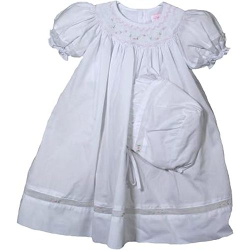 Petit Ami Girls White Dress & Bonnet Pink Smocking Easter or Dedication Outfit Preemie-24m