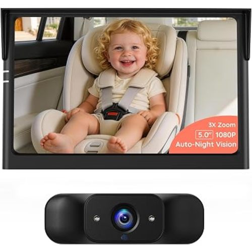 LUCKVIEW BM1 Baby Car Camera, 5" 1080P Baby Car Monitor with Auto IR Night Vision, 3X Zoom & 360° Rotation, Easy No-Tool Installation, Real-Time Rear Seat View for Safe Driving