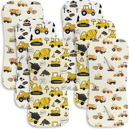 6 Pack Baby Burp Cloths for Boys, Construction Vehicle Theme Large Cotton Absorbent Burping Rags, Contoured Spit Up Cloths with Yellow Dump Truck Excavator Print, Newborn Essentials Gift