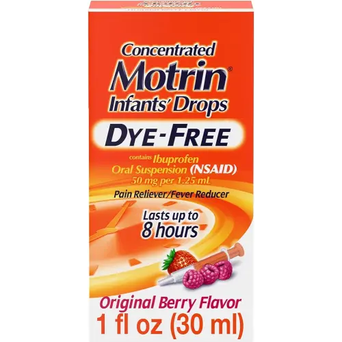 Motrin Infants' Oral Suspension Concentrated Liquid Medicine Drops with Ibuprofen, NSAID Fever Reducer & Pain Reliever for Babies, Dye Free, Alcohol-Free, Original Berry Flavor, 1 fl. oz