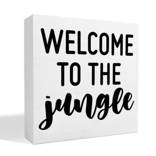 Thoqii Nursery Table Decor, Baby Children's Kids Bedroom Desk Decoration for Playroom, Welcome to The Jungle Wooden Box Sign, White