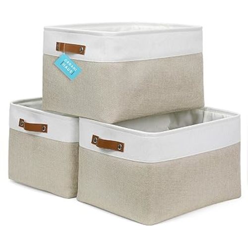 OrganiHaus Extra Large Fabric Storage Bins for Shelves 16x13in, Closet Storage Baskets for Shelf Organizing, Canvas Rectangle Bins for Organization, Linnen Baskets for Organizing - Beige/Off-White