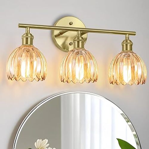 Vintage Bathroom Light Fixtures,3-Light Hardwired Vanity Lights with Amber Tulip Glass Shade,Gold Bathroom Vanity Light for Mirror Restroom,E26 Socket,18.5 in(Bulbs Not Included)