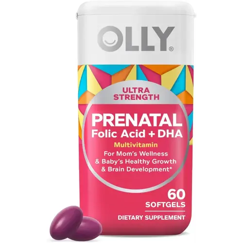 OLLY Ultra Strength Prenatal Multivitamin Softgels, Supports Healthy Growth, Brain Development, Iron, Folic Acid, DHA, Vitamins C, E, 30 Day Supply-60 Count