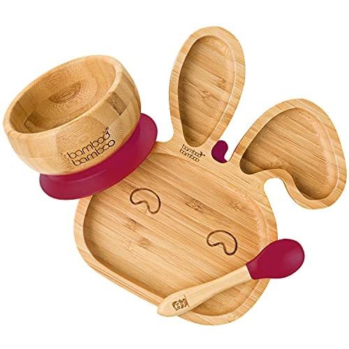 Bamboo Baby Bowl and Plate with Suction - Kids and Toddler Suction Cup Plate for Babies, Non-toxic All-Natural Bamboo Baby Food Plate Stays Cool to the Touch for Baby-Led Weaning (Bundle Cherry)