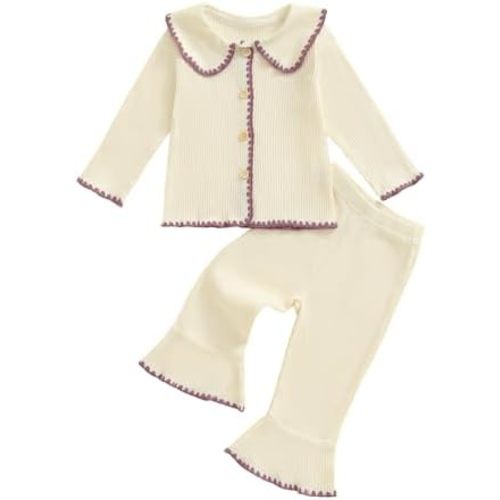 ZIXILOVGIR Toddler Baby Girl Fall Winter Outfits Ribbed Long Sleeve Button Down Shirt Tops Flare Pants Cute Clothes Set