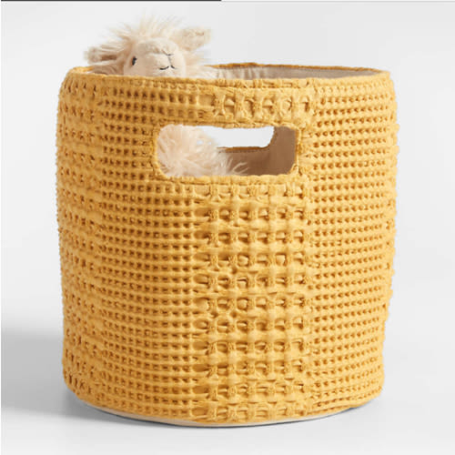 Nella Ochre Yellow Cotton Waffle Weave Shelf Bin with Handles