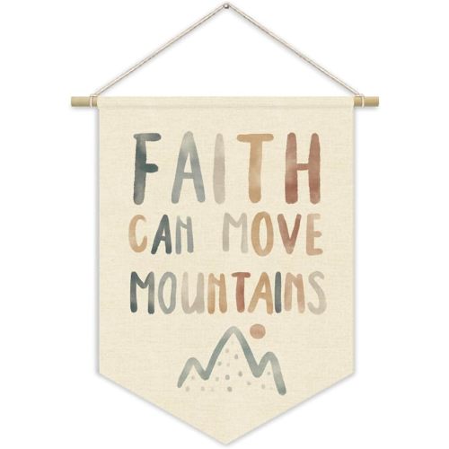 Christian Kids Wall Art Canvas Banner,Faith Can Move Mountains,Bible Verses Wall Hanging Pennant Flag Canvas Banner for Playroom Classroom Baby Kids Bedroom 15x11in