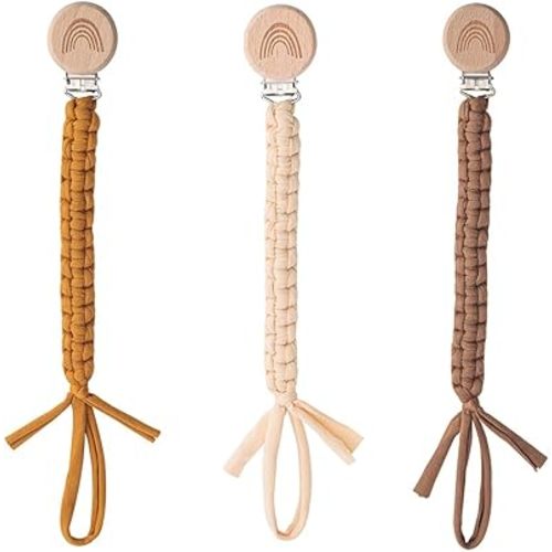 Pacifier Clip for Boys Girls Pacifier Holder Leash Boho Rainbow Wooden Clips Handmade Braided Cotton Unisex Baby Shower Birthday Gift Christmas Gift