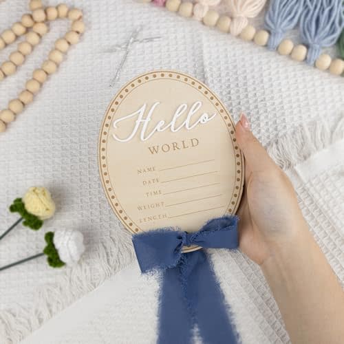 Baby Announcement Sign 6.5 Inch Wooden Hello World Newborn Welcome Sign Birth Name Plaques for Photo Props Shower Hospital Nursery (Blue Bow)