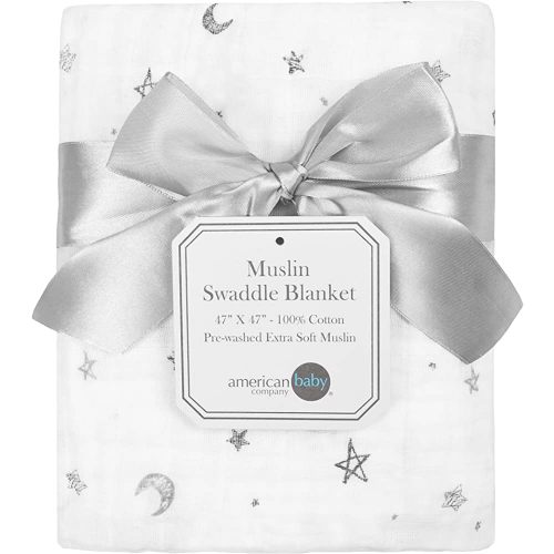 American Baby Company 100% Cotton Muslin Swaddle Blanket, Soft, Breathable & Lightweight, Gray Stars/Moon, 47" x 47" for Boys and Girls, Perfect for Swaddling, Travel and Gifting