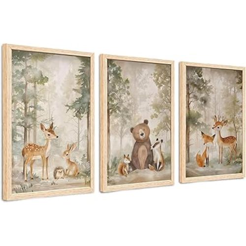 ICHZUMW Woodland Nursery Decor, Forest Animal Nursery Wall Art, Set of 3 Framed Ready to Hang Bear Fox Deer Watercolor Canvas Prints, Fade Resistant Pictures for Baby Toddler Kids Room, 20x30 Inches