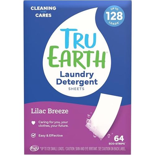 Tru Earth Compact Dry Laundry Detergent - Up to 128 Loads (64 Sheets) - Paraben-Free - Original Eco-Strip Liquidless Detergent, Travel - Lilac Breeze | Packaging May Vary
