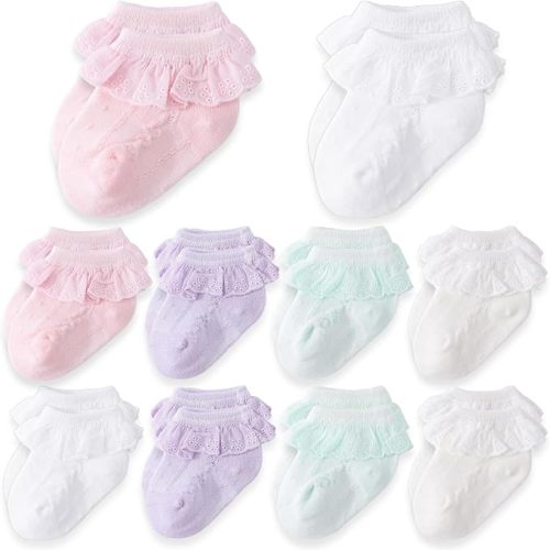 Baby Girl Lace Socks 10 Pack - Newborn Ruffle Frilly Socks Cotton Ankle Dress Sock for Infant Baptism 0-12 Months