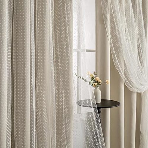 MYSKY HOME Beige 70% Blackout Curtains for Girls Bedroom & Living Room Nursery Kids Cute Double Layer Curtains 63 inch Long with Sheer Overlay, Grommet Tops, 52" Wide Each Panel, 2 Panels