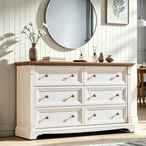 6 Drawers Dresser for Bedroom, 53.8" Farmhouse Chests of Drawers w/Roman Column, Wooden Storage Organizer for Living Room, Entryway, White