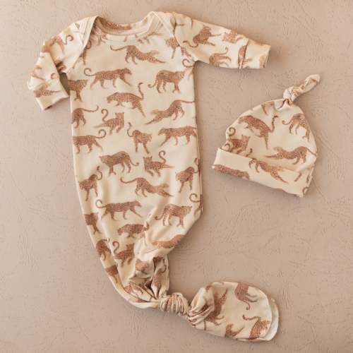 Organic Newborn Knotted Gown & Hat Set | Handmade in USA | OEKO-TEX Baby Clothing | Leopard Print