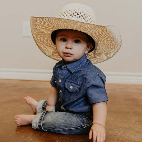 Dark Denim Short Sleeve Pearl Snap Onesie – Cowkid Clothing Company, 6-12 MO
