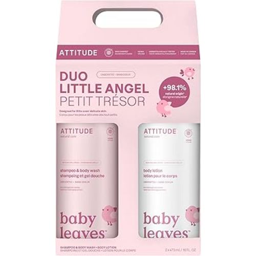 ATTITUDE Baby 2-in-1 Shampoo & Body Wash and Baby Lotion Set, EWG Verified, Dermatologically Tested Soap and Moisturizing Cream, Vegan, Unscented, 16 Fl Oz each