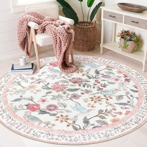Pink Floral Round Rugs 4ft, Washable Boho Circle Rug for Girls Bedroom, Soft Non-Slip Botanical Nursery Circular Carpet, Modern Flower Birds Throw Rug for Kids Room Living Room