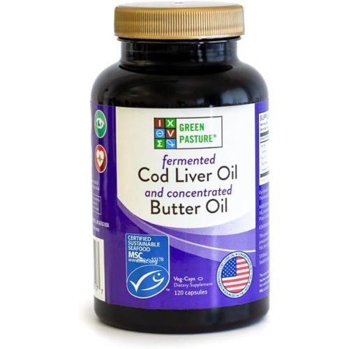 Green Pasture Fermented Cod Liver Oil & Butter Oil Blend - Wild Alaska Cod, Vitamins A & D, Omega-3-6-9, MSC Certified, 120 Capsules