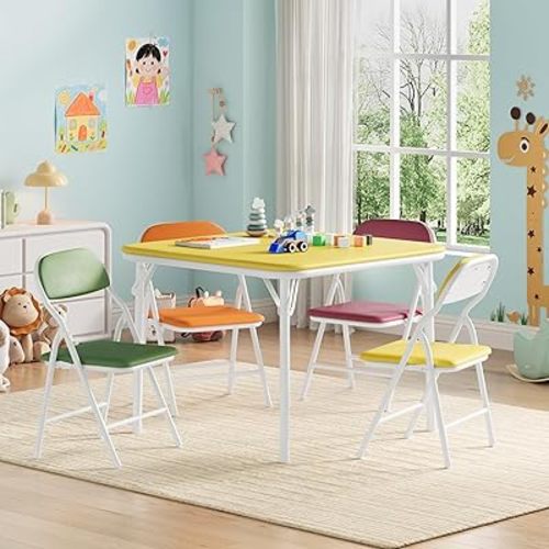 GarveeHome 5-Piece Kids Folding Table and Chairs Set, Toddlers Children's Activity Table and Chairs Set for Dining Room,Daycare,Classrooms