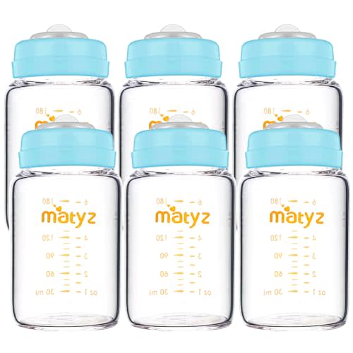 Matyz Glass Breastmilk Storage Bottles, 6 Pack, 6 oz, Compatible With Spectra Medela Breast Pump - Freezer Safe Storage Bottles Set - Wide Mouth Breastmilk Storage Containers - BPA Free (Blue Lids)