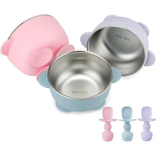 PandaEar 3 Pack Stainless Steel Suction Baby Bowls & 3 Silicone Baby Spoons | Non-Slip Stay Put Bowls & Anti-Choke First Stage Spoons for Toddlers, BPA-Free Baby Led Weaning Set