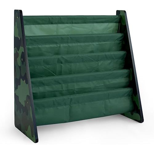 Humble Crew 4-Tier Kids Bookshelf, Camo Wood/Green - Premium Book Shelf for Kids Rooms with Four Deep Pockets - Toddler Sling Book Rack with Deep Sleeves, Nursery Bookcase Organizer