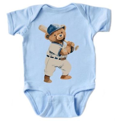 The Juniper Shop Watercolor Baseball Bear Baby Short Sleeve Bodysuit