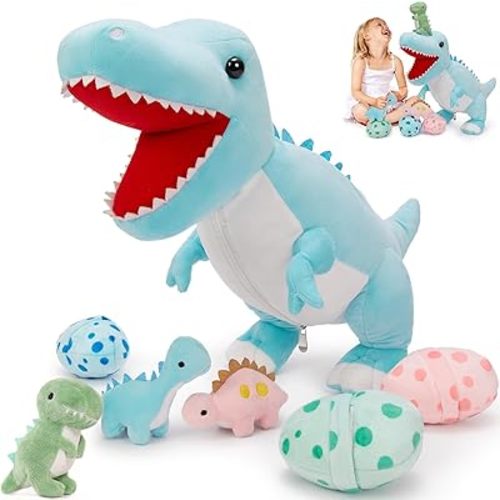 MorisMos Dinosaur Stuffed Animal with Babies,23.6'' Big Mommy Stuffed Dino T-rex with 3 Baby Dino Stuffed Toys & 3 Eggs Plush Inside Belly, Boy Girl Dinosaur Toys for Kid 3-5,Blue T-rex Toys Gift