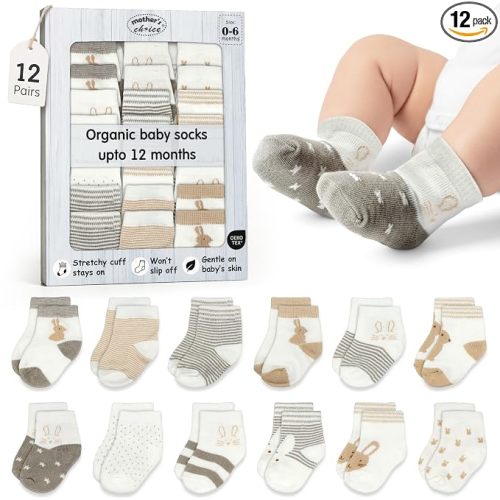 Mother's Choice Baby Socks 6-12 Months 12 Pairs Organic Cotton Blend Infant Socks Stay-On for Crawling & First Steps OEKO-TEX Certified Baby Gift