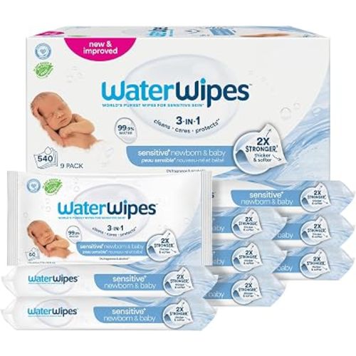 WaterWipes Lingettes originales biodégradables pour bébé, 99,9 % de lingettes à base d'eau, non parfumées et hypoallergéniques pour peaux sensibles, 540 pièces (9 paquets), l'emballage peut varier