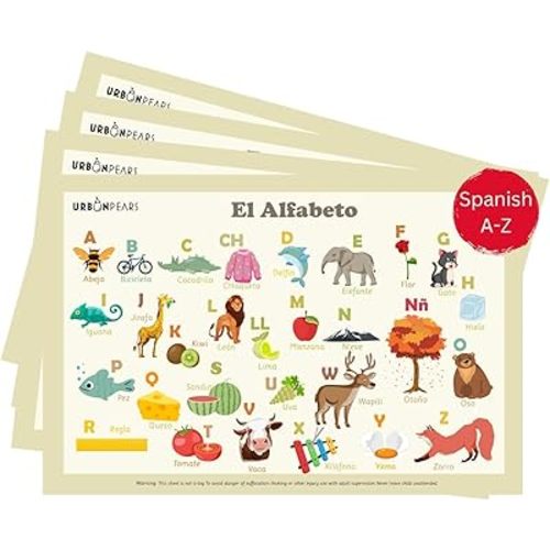 Disposable Stick-on Placemat 40 Pack for Baby and Kids at Home, Restaurant and School, 12'' x 18'', Spanish Alphabet by Urban Pears in Re-usable Travel Pouch