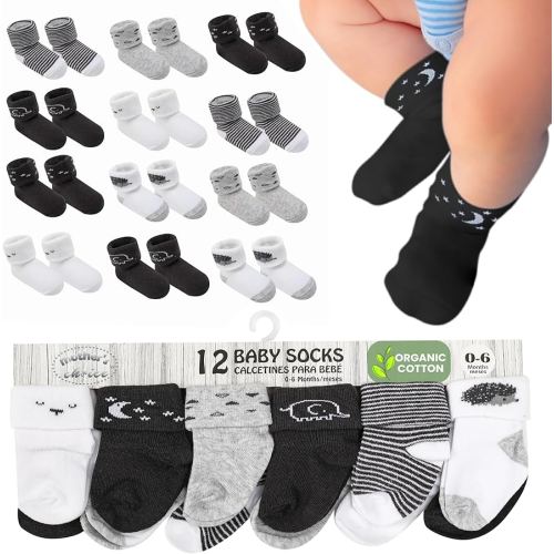 Mother's Choice Organic Cotton Baby Socks 0-6 Months - 12 pairs Soft, Cozy, and Gentle Newborn Socks for Girls & Boys, Perfect for Baby Registry, Everyday Wear, and Infant Comfort