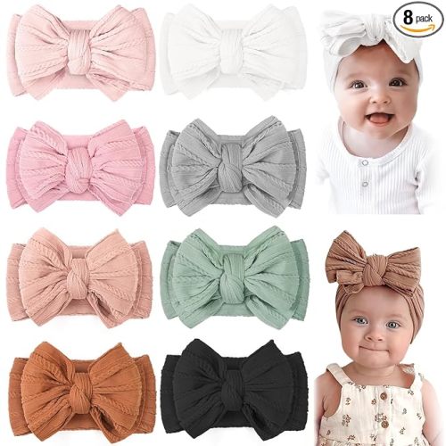 CÉLLOT 8 Pcs Super Stretchy Soft Handmade Headbands with Double Bows Head Wrap Nylon Hair Accessories For Newborn Babies Girls Infants Toddlers