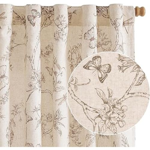 Lazzzy Taupe Floral Curtains 84 Inch Length Linen Farmhouse Back Tab Drapes for Living Room Bedroom Light Filtering Vintage Rod Pocket Fall Decorations, 2 Panels, Taupe on Beige