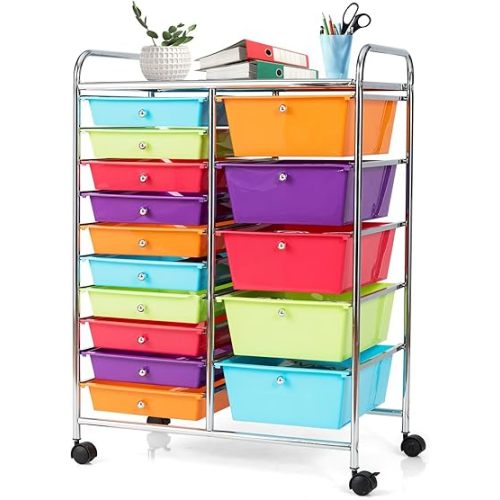 GLACER 15 Drawers Rolling Cart, Storage Cart with w/Removable Drawers & Steel Frame, Multipurpose Organizer Cart w/Sleek Handle, Utility Cart on Lockable Wheels for Home, School, Office (Multicolor)