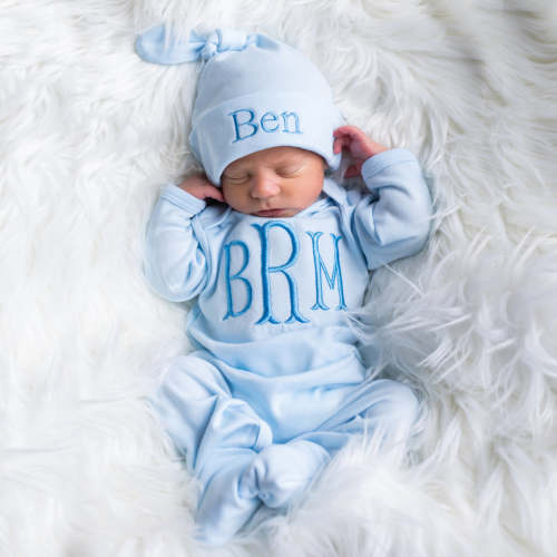 Newborn Baby Boy Outfit with Matching Hat- Light Blue and Blue – Junie Grace
